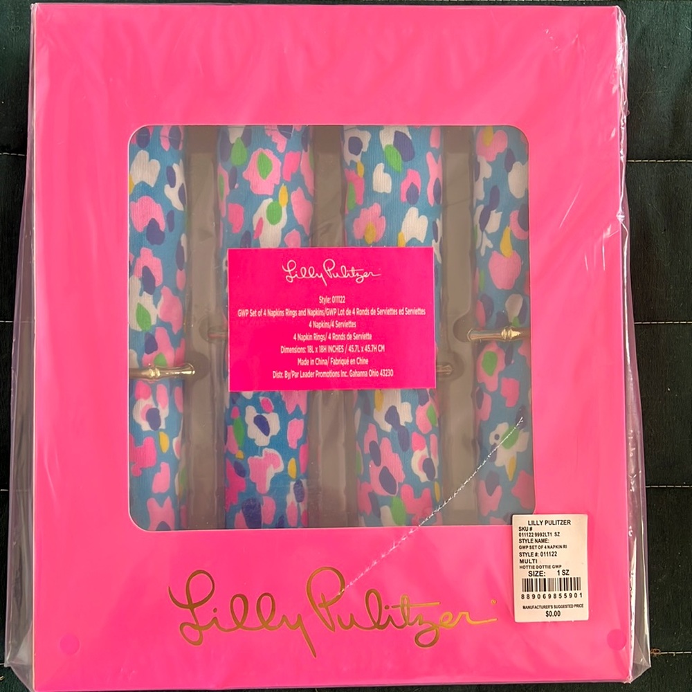 Lilly Pulitzer Hottie Dottie Set of 4 Napkins With Napkin Rings - NEW IN BOX